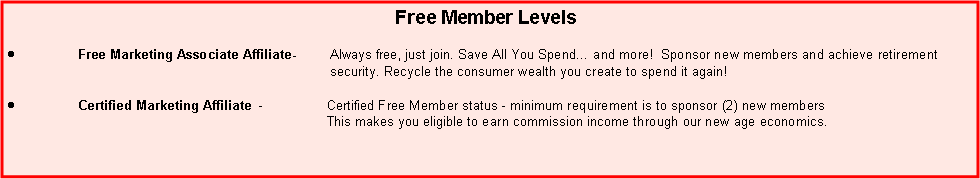 Text Box: Free Member Levels
Free Marketing Associate Affiliate- Always free, just join. Save All You Spend… and more! Sponsor new members and achieve retirement
security. Recycle the consumer wealth you create to spend it again!
Certified Marketing Affiliate - Certified Free Member status - minimum requirement is to sponsor (2) new members
This makes you eligible to earn commission income through our new age economics.