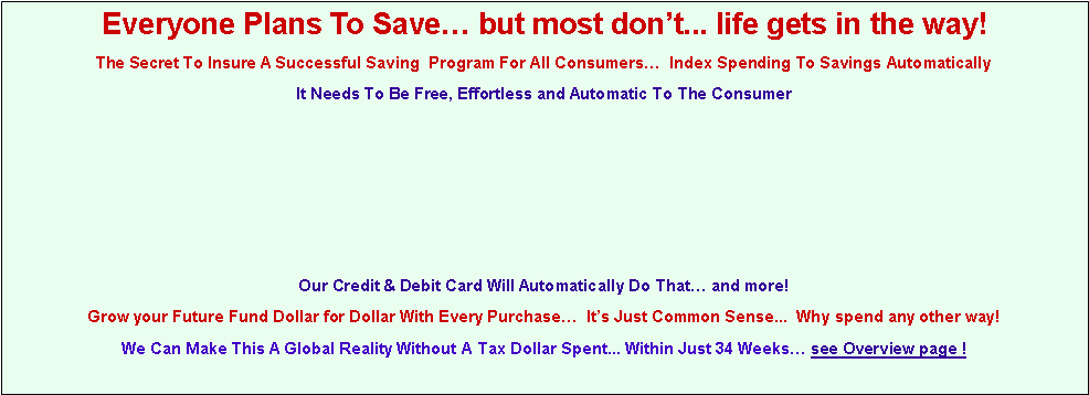Text Box: Everyone Plans To Save� but most don�t... life gets in the way!The Secret To Insure A Successful Saving  Program For All Consumers�  Index Spending To Savings AutomaticallyIt Needs To Be Free, Effortless and Automatic To The Consumer Our Credit & Debit Card Will Automatically Do That� and more!Grow your Future Fund Dollar for Dollar With Every Purchase�  It�s Just Common Sense...  Why spend any other way!We Can Make This A Global Reality Without A Tax Dollar Spent... Within Just 34 Weeks� see Overview page !